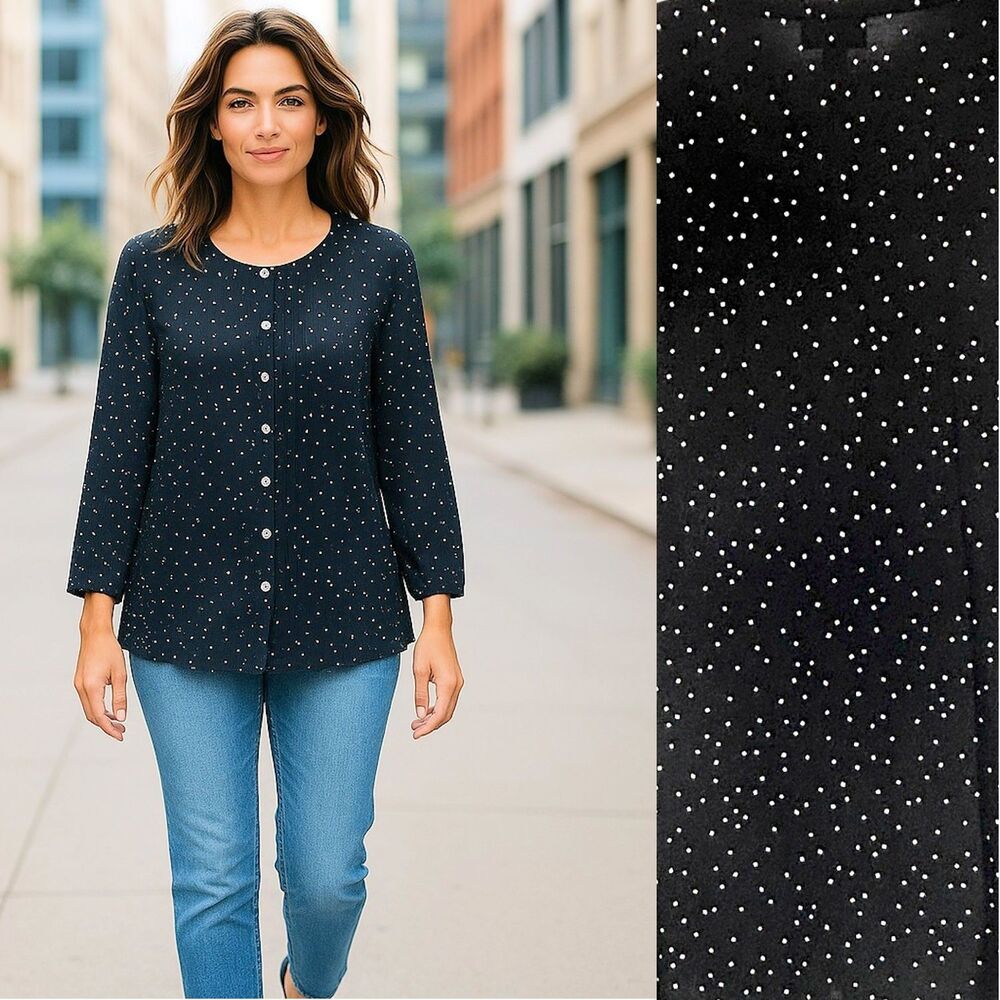 J Jill Shirt L Black with White Dots Pin Tucks Semi Sheer Button Front Top